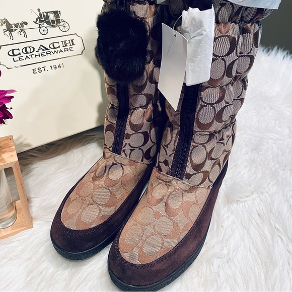 NIB! Coach Theona Snow Boots in Brown Signature Lined with Rabbit Fur - Picture 4 of 9